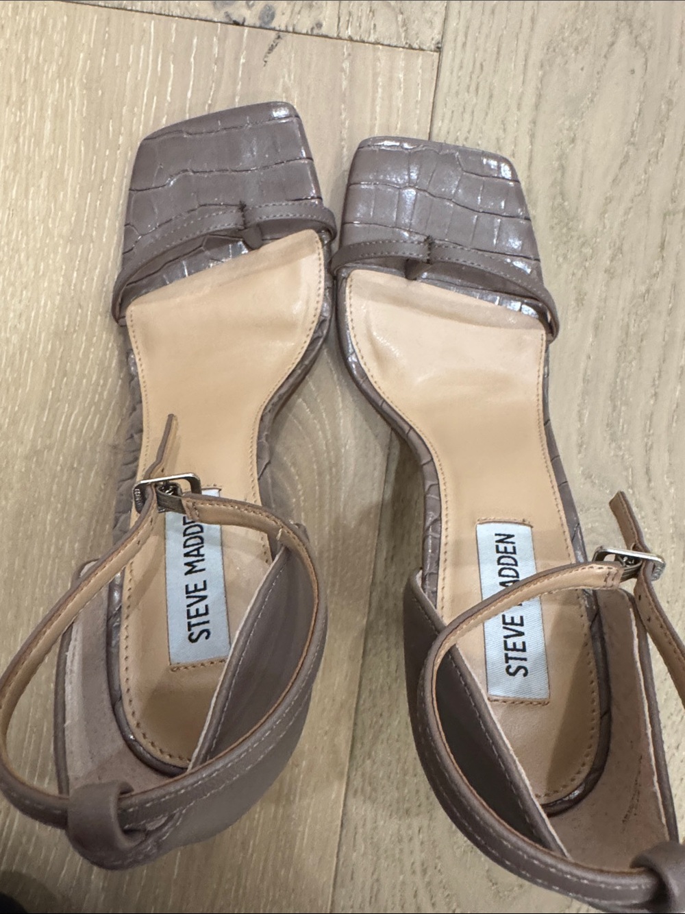 Steve Madden Taupe Croc-Embossed Square Toe Ankle Strap Heels